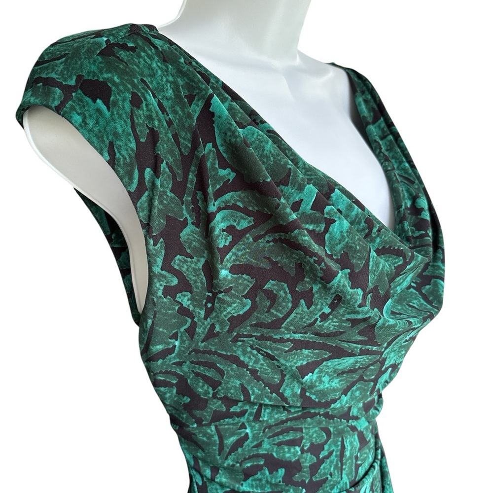 Ralph Lauren Stretch Bodycon Ruched Scoop Black Teal Floral Sheath Midi Dress - Picture 3 of 11